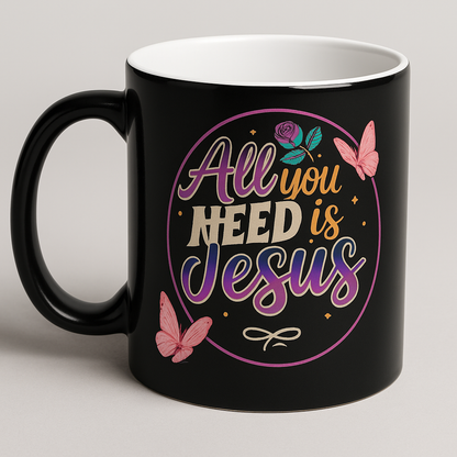 Color-changing Christian mug with “All You Need Is Jesus” design — 11oz heat reveal coffee cup.